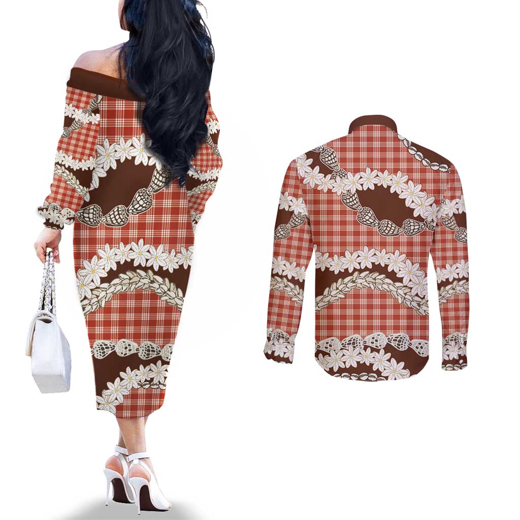Red Hawaii Tiare and Shell Lei Couples Matching Off The Shoulder Long Sleeve Dress and Long Sleeve Button Shirt Hawaiian Palaka Luxury Vibes - Polynesian Pride