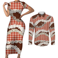 Red Hawaii Tiare and Shell Lei Couples Matching Short Sleeve Bodycon Dress and Long Sleeve Button Shirt Hawaiian Palaka Luxury Vibes - Polynesian Pride