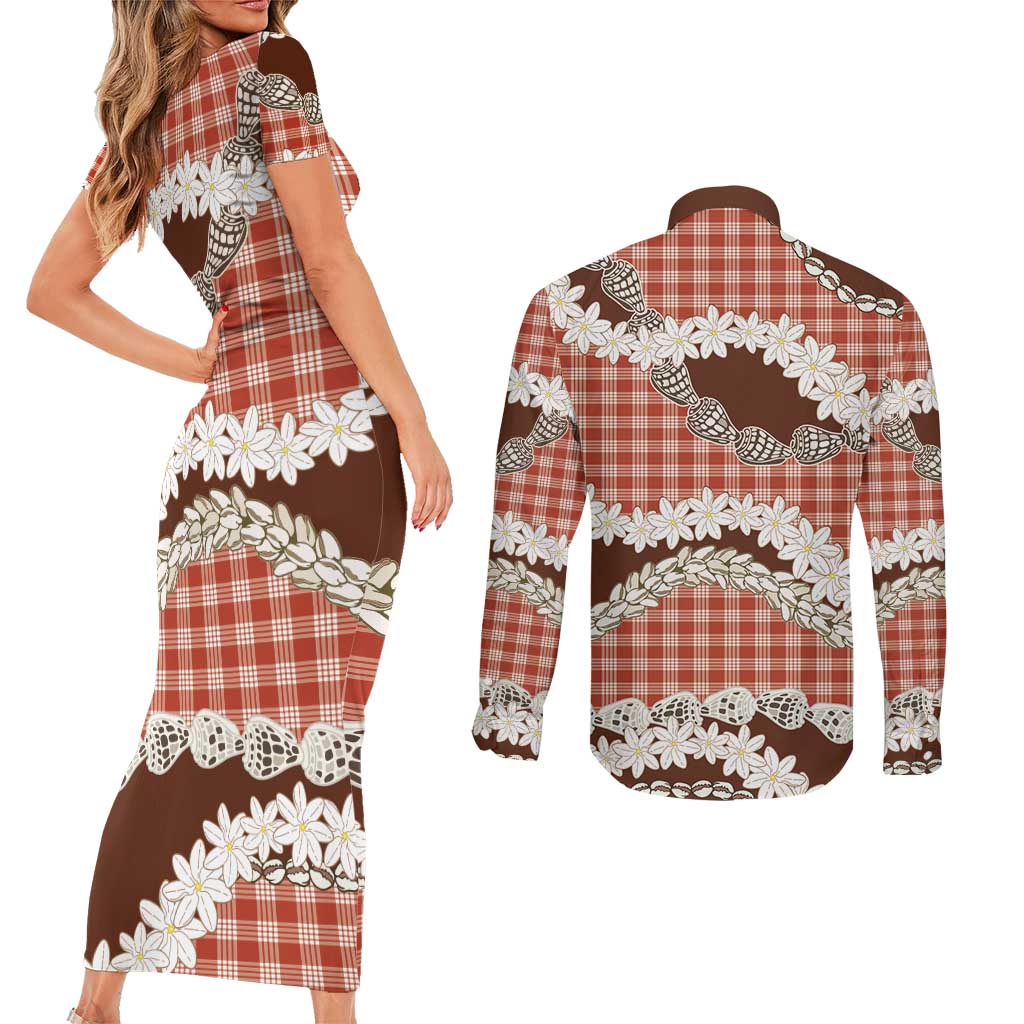 Red Hawaii Tiare and Shell Lei Couples Matching Short Sleeve Bodycon Dress and Long Sleeve Button Shirt Hawaiian Palaka Luxury Vibes - Polynesian Pride