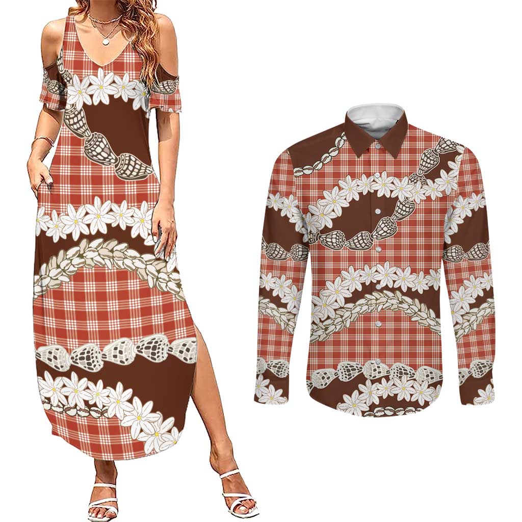 Red Hawaii Tiare and Shell Lei Couples Matching Summer Maxi Dress and Long Sleeve Button Shirt Hawaiian Palaka Luxury Vibes - Polynesian Pride
