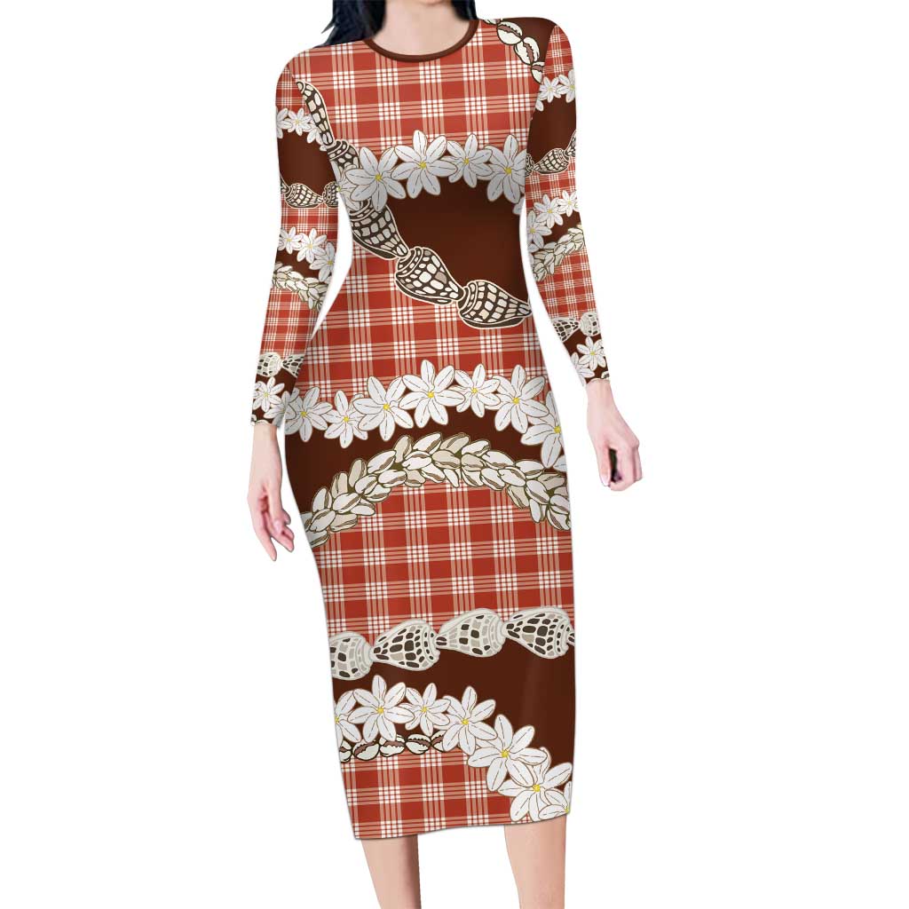 Red Hawaii Tiare and Shell Lei Family Matching Long Sleeve Bodycon Dress and Hawaiian Shirt Hawaiian Palaka Luxury Vibes LT14 Mom's Dress Red - Polynesian Pride