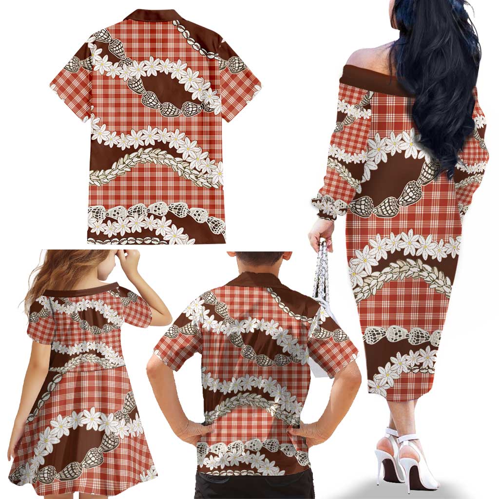 Red Hawaii Tiare and Shell Lei Family Matching Off The Shoulder Long Sleeve Dress and Hawaiian Shirt Hawaiian Palaka Luxury Vibes LT14 - Polynesian Pride