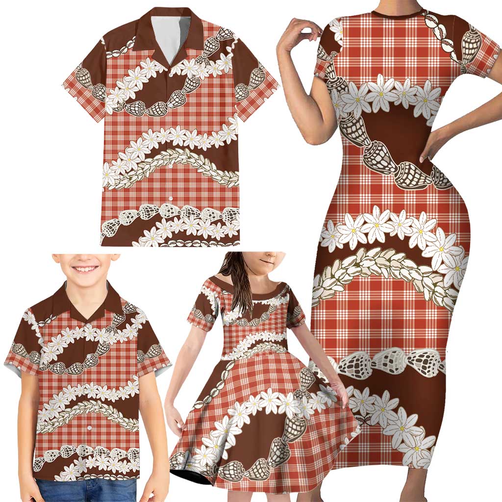 Red Hawaii Tiare and Shell Lei Family Matching Short Sleeve Bodycon Dress and Hawaiian Shirt Hawaiian Palaka Luxury Vibes - Polynesian Pride