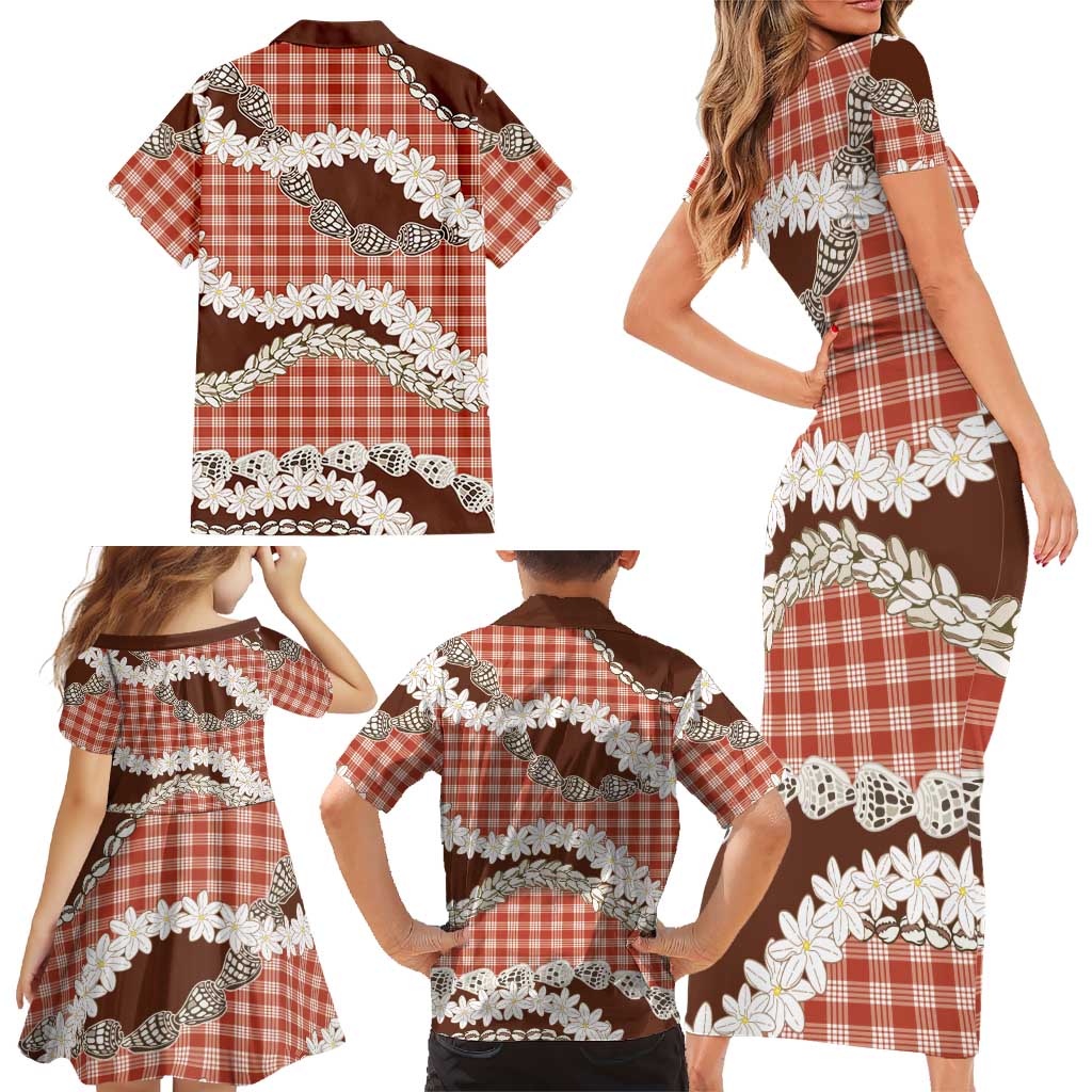 Red Hawaii Tiare and Shell Lei Family Matching Short Sleeve Bodycon Dress and Hawaiian Shirt Hawaiian Palaka Luxury Vibes LT14 - Polynesian Pride
