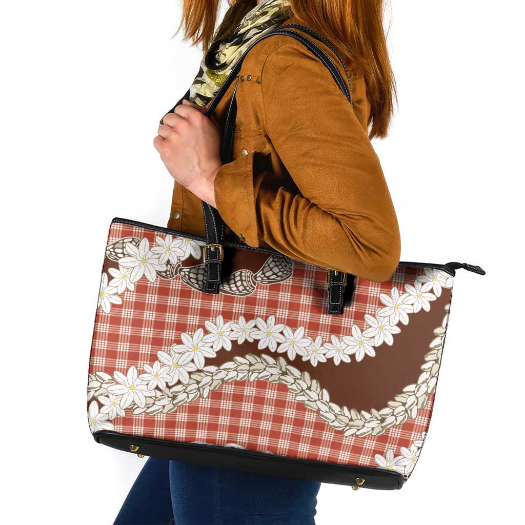 Red Hawaii Tiare and Shell Lei Leather Tote Bag Hawaiian Palaka Luxury Vibes - Polynesian Pride
