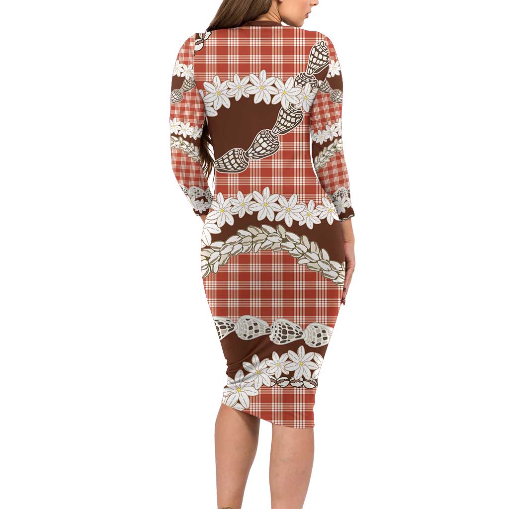 Red Hawaii Tiare and Shell Lei Long Sleeve Bodycon Dress Hawaiian Palaka Luxury Vibes - Polynesian Pride