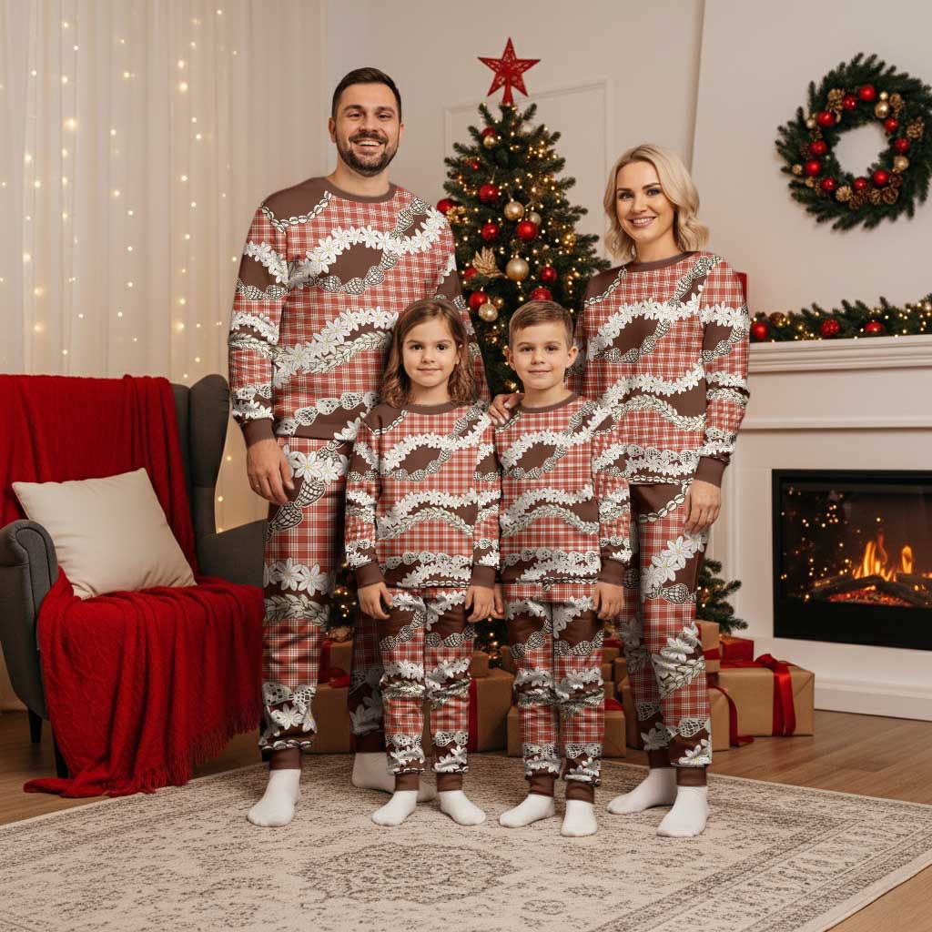 Red Hawaii Tiare and Shell Lei Christmas Pajama Set Hawaiian Palaka Luxury Vibes - Polynesian Pride