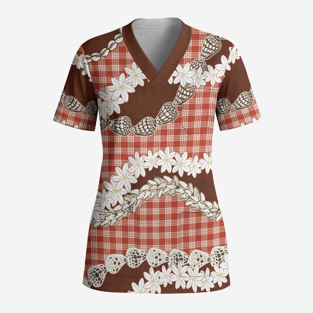 Red Hawaii Tiare and Shell Lei Scrub Top Hawaiian Palaka Luxury Vibes - Polynesian Pride
