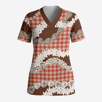 Red Hawaii Tiare and Shell Lei Scrub Top Hawaiian Palaka Luxury Vibes - Polynesian Pride
