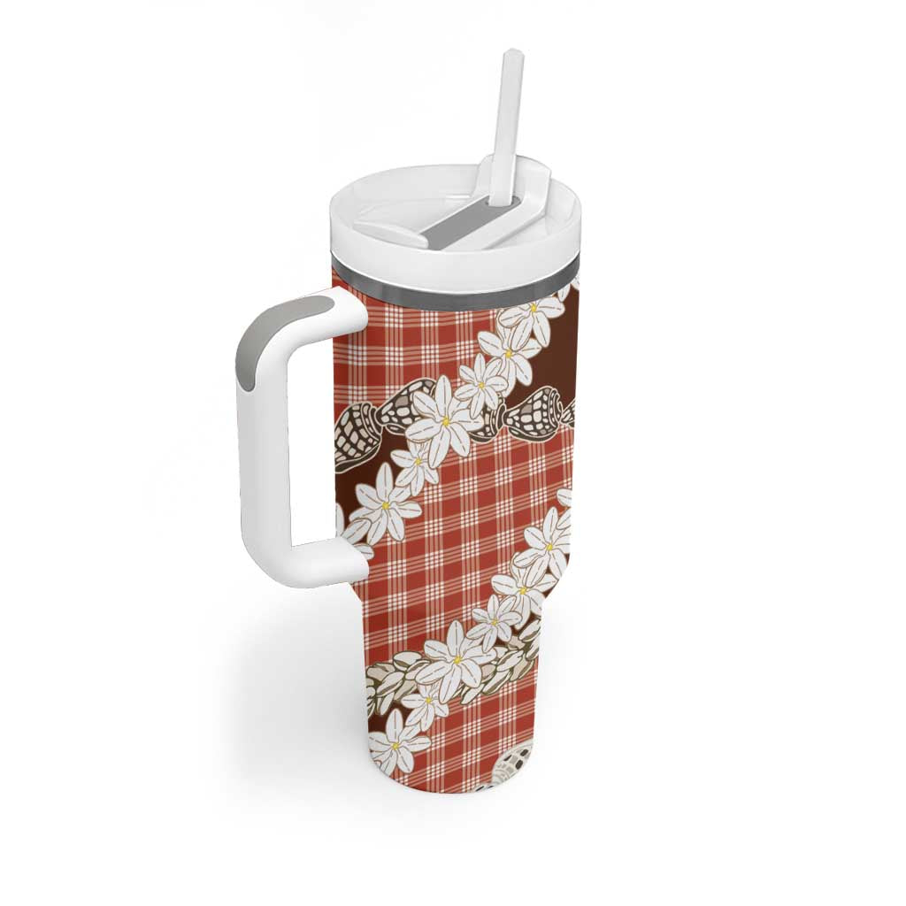 Red Hawaii Tiare and Shell Lei Tumbler With Handle Hawaiian Palaka Luxury Vibes - Polynesian Pride