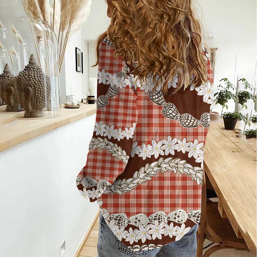 Red Hawaii Tiare and Shell Lei Women Casual Shirt Hawaiian Palaka Luxury Vibes LT14 - Polynesian Pride