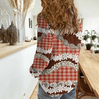 Red Hawaii Tiare and Shell Lei Women Casual Shirt Hawaiian Palaka Luxury Vibes LT14 - Polynesian Pride
