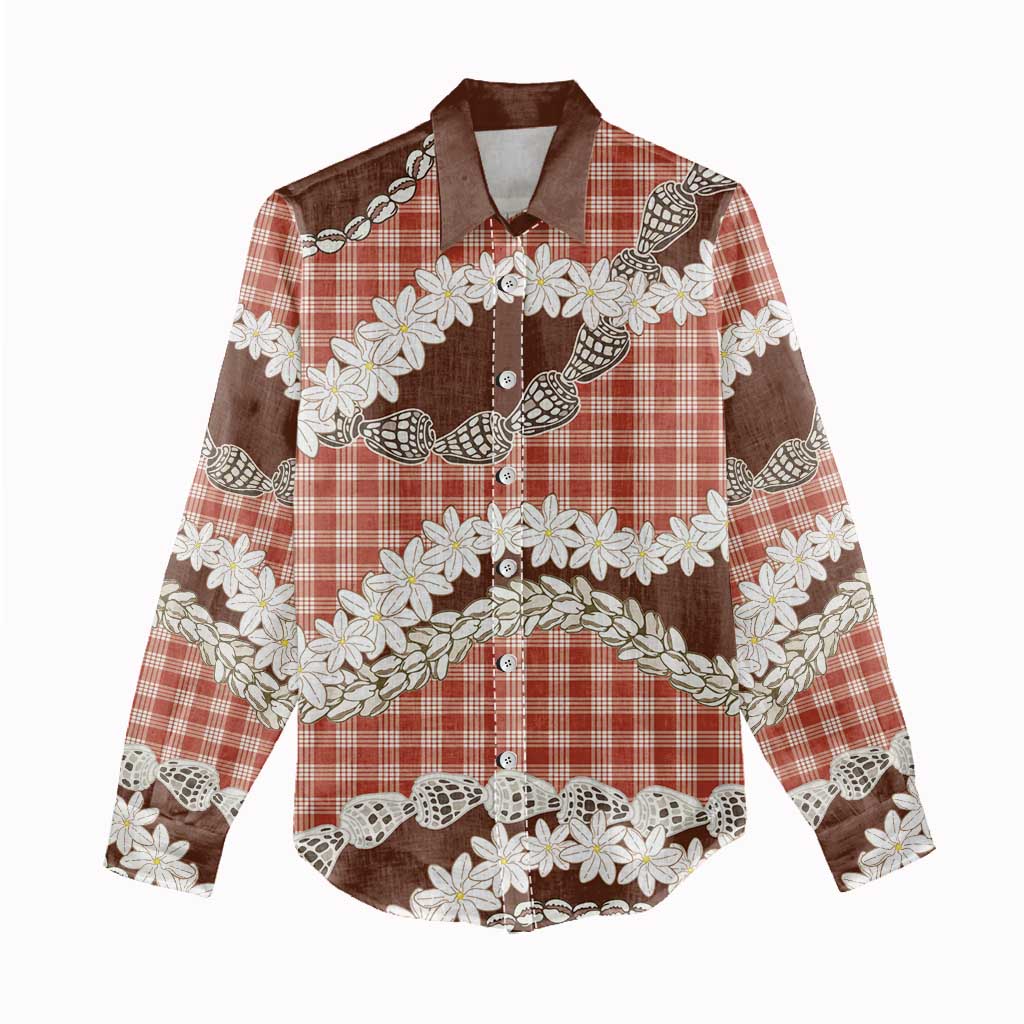 Red Hawaii Tiare and Shell Lei Women Casual Shirt Hawaiian Palaka Luxury Vibes LT14 - Polynesian Pride