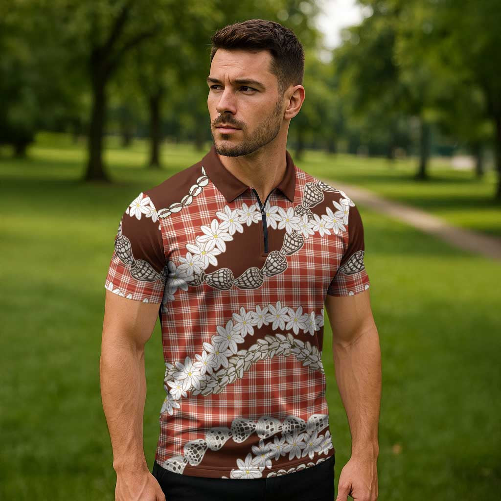 Red Hawaii Tiare and Shell Lei Zipper Polo Shirt Hawaiian Palaka Luxury Vibes - Polynesian Pride