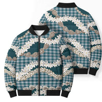 Dark Cyan Hawaii Tiare and Shell Lei Bomber Puffer Jacket Hawaiian Palaka Luxury Vibes - Polynesian Pride
