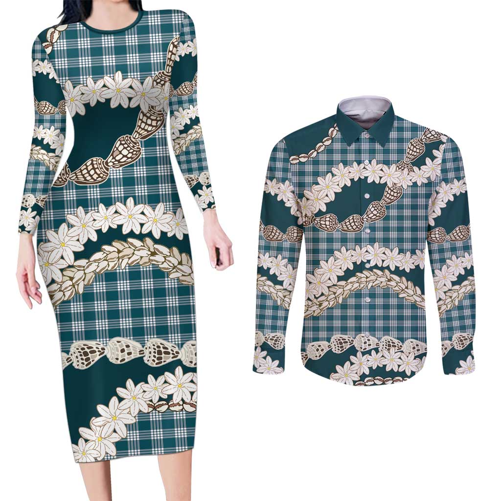 Dark Cyan Hawaii Tiare and Shell Lei Couples Matching Long Sleeve Bodycon Dress and Long Sleeve Button Shirt Hawaiian Palaka Luxury Vibes LT14 Dark Cyan - Polynesian Pride