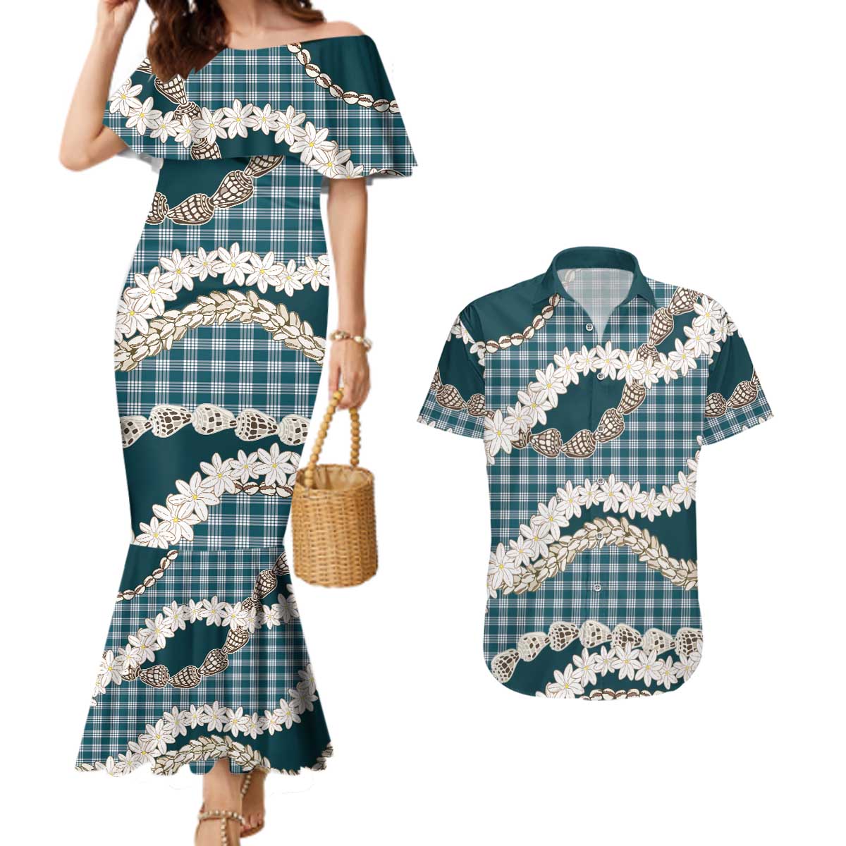 Dark Cyan Hawaii Tiare and Shell Lei Couples Matching Mermaid Dress and Hawaiian Shirt Hawaiian Palaka Luxury Vibes LT14 Dark Cyan - Polynesian Pride