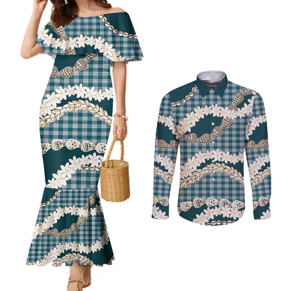 Dark Cyan Hawaii Tiare and Shell Lei Couples Matching Mermaid Dress and Long Sleeve Button Shirt Hawaiian Palaka Luxury Vibes - Polynesian Pride