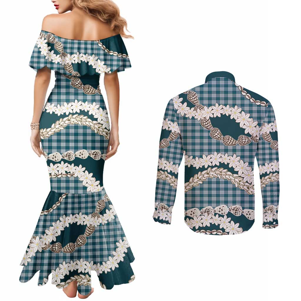 Dark Cyan Hawaii Tiare and Shell Lei Couples Matching Mermaid Dress and Long Sleeve Button Shirt Hawaiian Palaka Luxury Vibes LT14 - Polynesian Pride