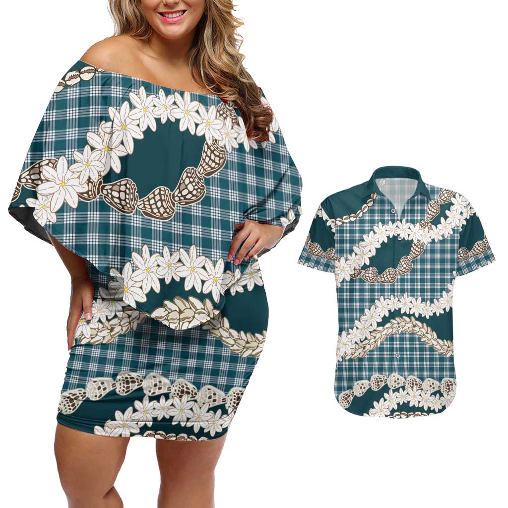 Dark Cyan Hawaii Tiare and Shell Lei Couples Matching Off Shoulder Short Dress and Hawaiian Shirt Hawaiian Palaka Luxury Vibes - Polynesian Pride