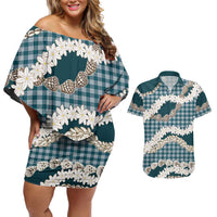 Dark Cyan Hawaii Tiare and Shell Lei Couples Matching Off Shoulder Short Dress and Hawaiian Shirt Hawaiian Palaka Luxury Vibes LT14 Dark Cyan - Polynesian Pride