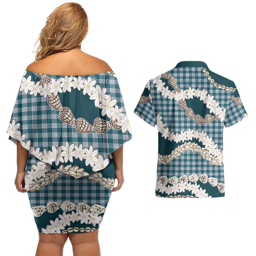 Dark Cyan Hawaii Tiare and Shell Lei Couples Matching Off Shoulder Short Dress and Hawaiian Shirt Hawaiian Palaka Luxury Vibes LT14 - Polynesian Pride