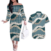 Dark Cyan Hawaii Tiare and Shell Lei Couples Matching Off The Shoulder Long Sleeve Dress and Hawaiian Shirt Hawaiian Palaka Luxury Vibes LT14 Dark Cyan - Polynesian Pride