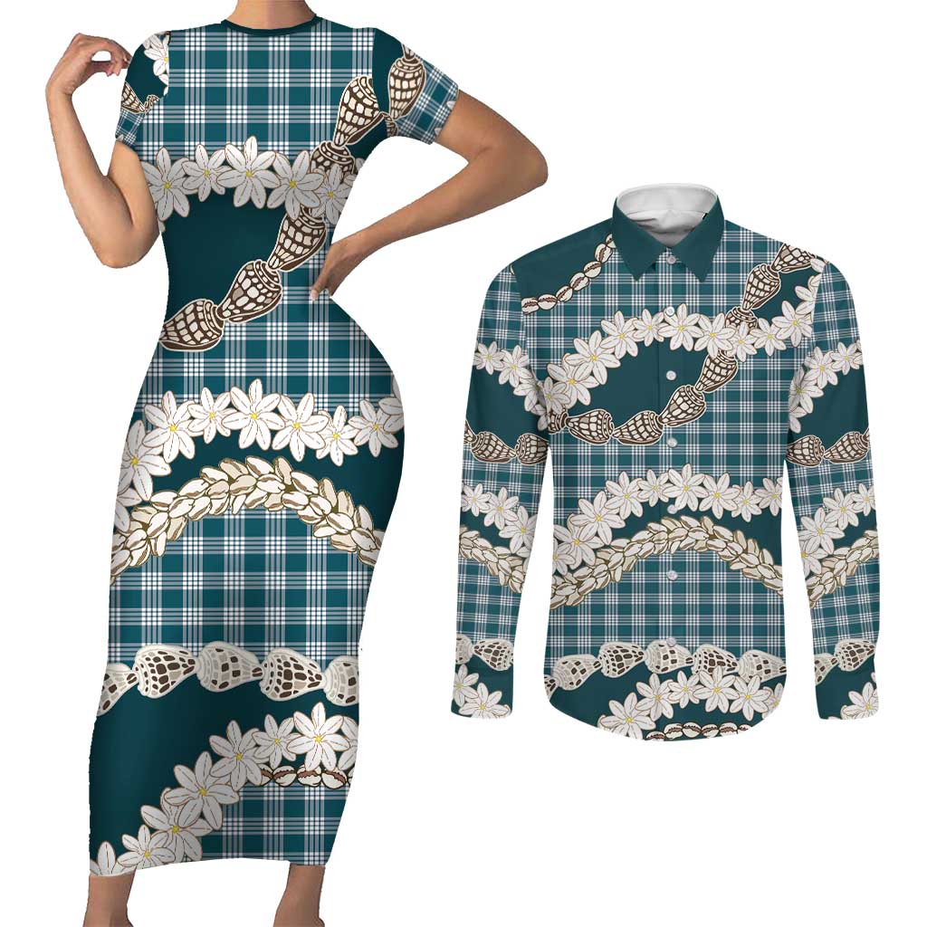 Dark Cyan Hawaii Tiare and Shell Lei Couples Matching Short Sleeve Bodycon Dress and Long Sleeve Button Shirt Hawaiian Palaka Luxury Vibes LT14 Dark Cyan - Polynesian Pride