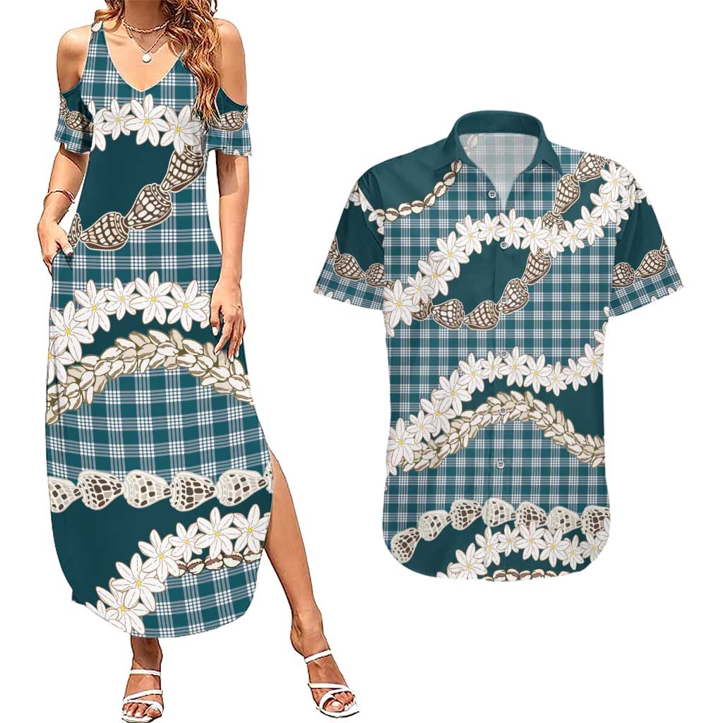 Dark Cyan Hawaii Tiare and Shell Lei Couples Matching Summer Maxi Dress and Hawaiian Shirt Hawaiian Palaka Luxury Vibes LT14 Dark Cyan - Polynesian Pride