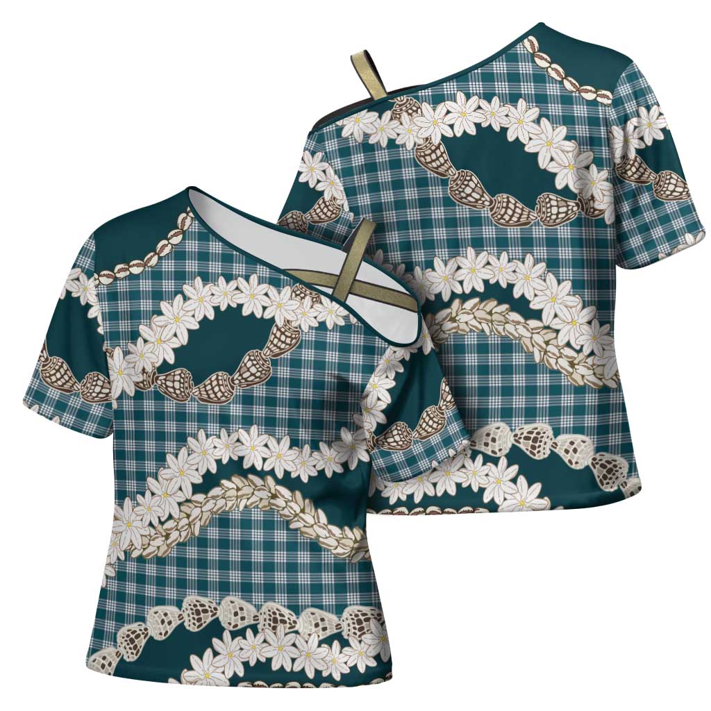 Dark Cyan Hawaii Tiare and Shell Lei Cross Shoulder Shirt Hawaiian Palaka Luxury Vibes - Polynesian Pride