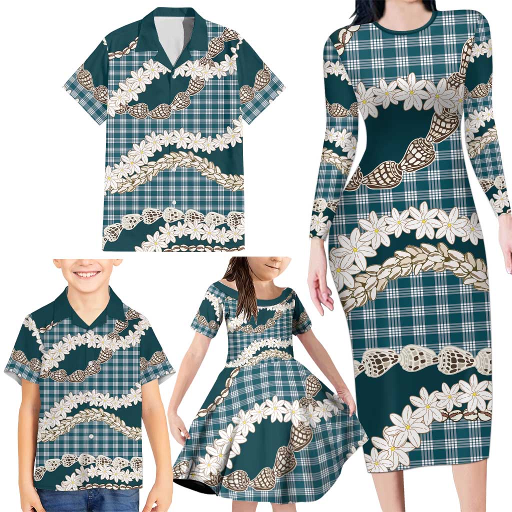 Dark Cyan Hawaii Tiare and Shell Lei Family Matching Long Sleeve Bodycon Dress and Hawaiian Shirt Hawaiian Palaka Luxury Vibes LT14 - Polynesian Pride