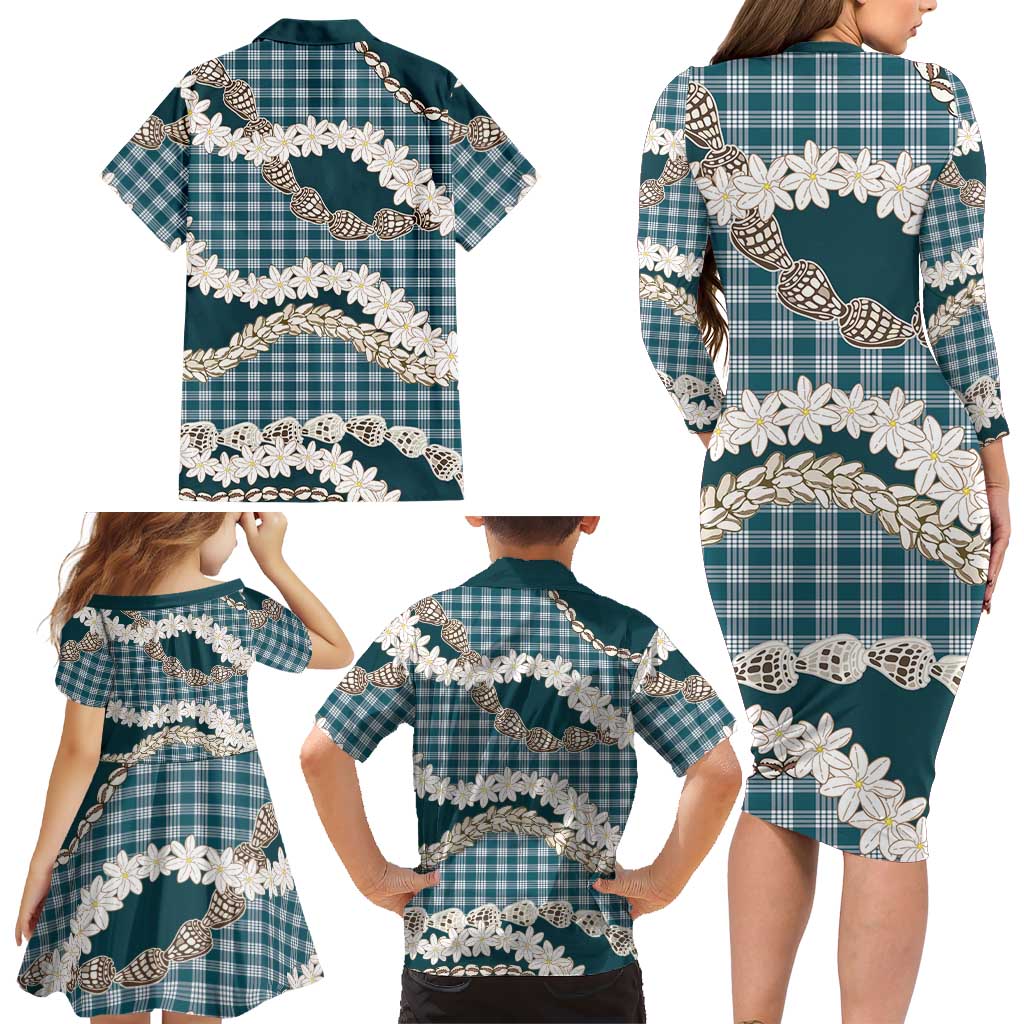 Dark Cyan Hawaii Tiare and Shell Lei Family Matching Long Sleeve Bodycon Dress and Hawaiian Shirt Hawaiian Palaka Luxury Vibes LT14 - Polynesian Pride