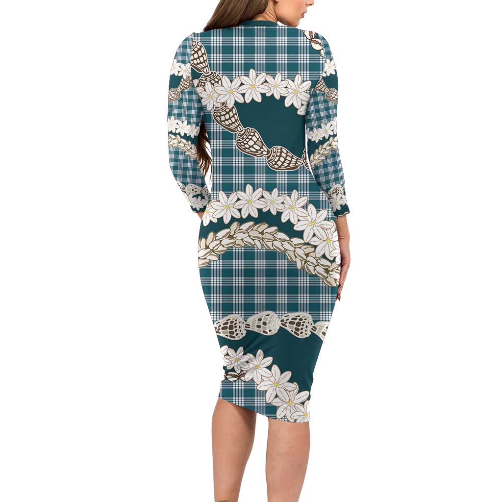 Dark Cyan Hawaii Tiare and Shell Lei Family Matching Long Sleeve Bodycon Dress and Hawaiian Shirt Hawaiian Palaka Luxury Vibes LT14 - Polynesian Pride