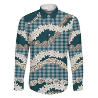 Dark Cyan Hawaii Tiare and Shell Lei Family Matching Mermaid Dress and Hawaiian Shirt Hawaiian Palaka Luxury Vibes LT14 Dad's Shirt - Long Sleeve Dark Cyan - Polynesian Pride