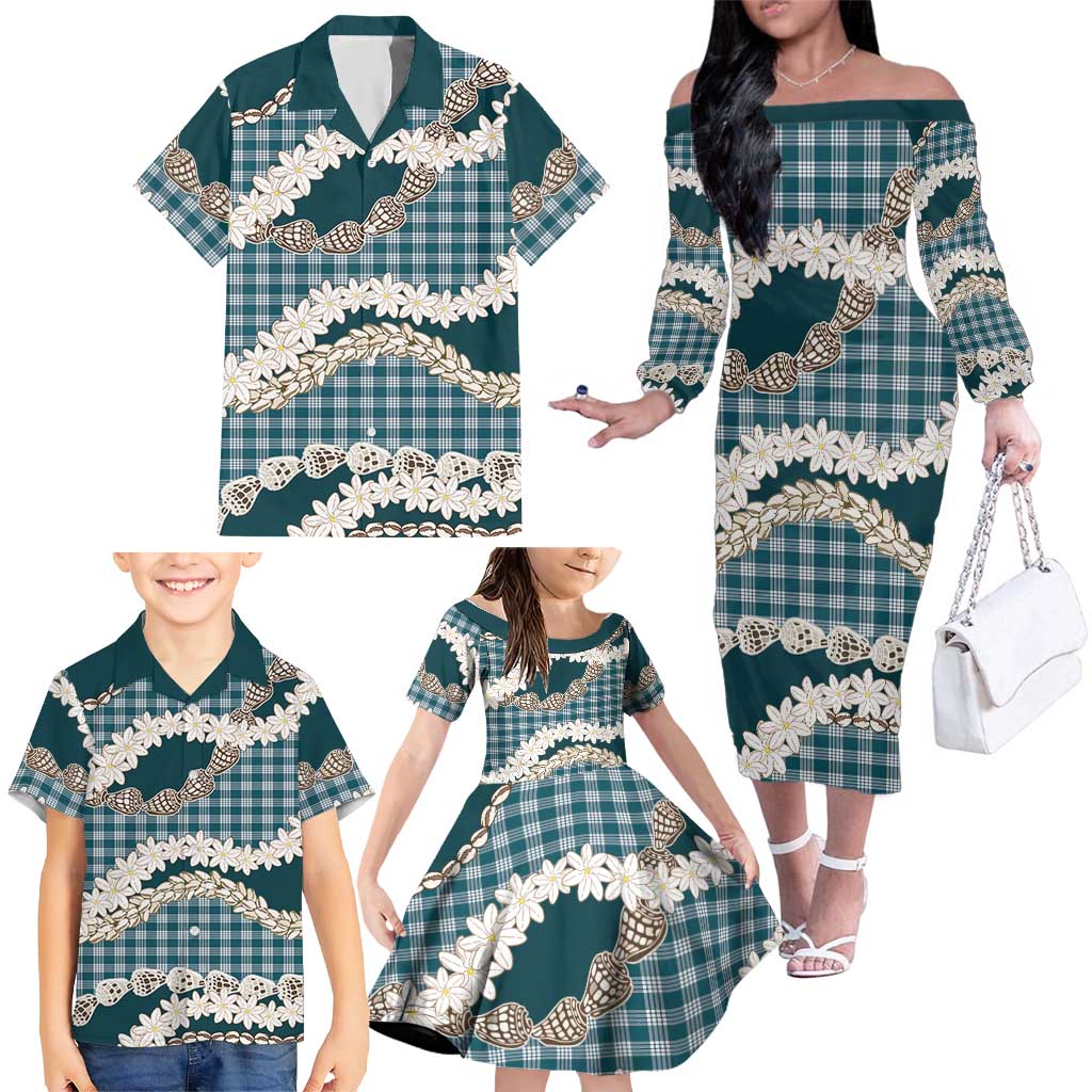 Dark Cyan Hawaii Tiare and Shell Lei Family Matching Off The Shoulder Long Sleeve Dress and Hawaiian Shirt Hawaiian Palaka Luxury Vibes - Polynesian Pride