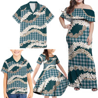 Dark Cyan Hawaii Tiare and Shell Lei Family Matching Off Shoulder Maxi Dress and Hawaiian Shirt Hawaiian Palaka Luxury Vibes LT14 - Polynesian Pride
