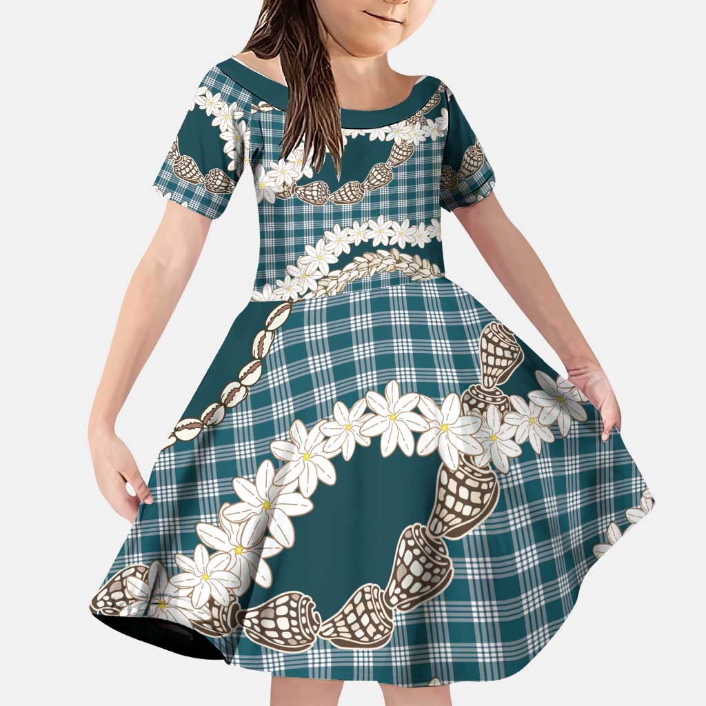 Dark Cyan Hawaii Tiare and Shell Lei Family Matching Off Shoulder Short Dress and Hawaiian Shirt Hawaiian Palaka Luxury Vibes LT14 Daughter's Dress Dark Cyan - Polynesian Pride