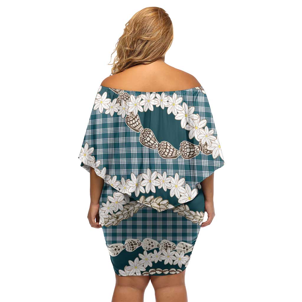 Dark Cyan Hawaii Tiare and Shell Lei Family Matching Off Shoulder Short Dress and Hawaiian Shirt Hawaiian Palaka Luxury Vibes LT14 - Polynesian Pride