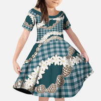 Dark Cyan Hawaii Tiare and Shell Lei Family Matching Puletasi and Hawaiian Shirt Hawaiian Palaka Luxury Vibes LT14 Daughter's Dress Dark Cyan - Polynesian Pride