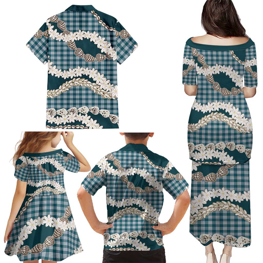 Dark Cyan Hawaii Tiare and Shell Lei Family Matching Puletasi and Hawaiian Shirt Hawaiian Palaka Luxury Vibes LT14 - Polynesian Pride
