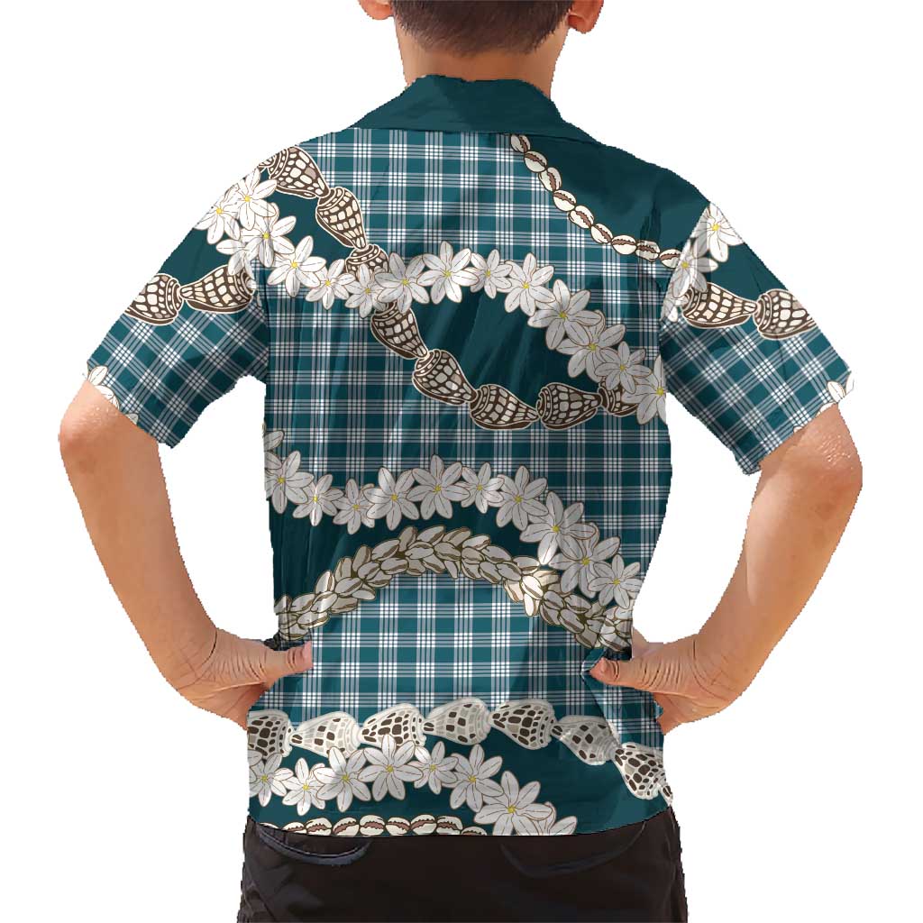 Dark Cyan Hawaii Tiare and Shell Lei Family Matching Short Sleeve Bodycon Dress and Hawaiian Shirt Hawaiian Palaka Luxury Vibes LT14 - Polynesian Pride