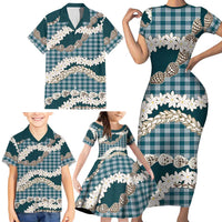 Dark Cyan Hawaii Tiare and Shell Lei Family Matching Short Sleeve Bodycon Dress and Hawaiian Shirt Hawaiian Palaka Luxury Vibes LT14 - Polynesian Pride