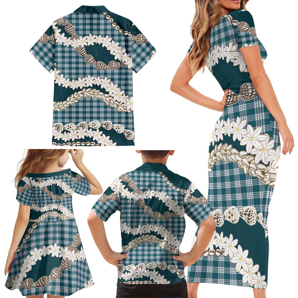 Dark Cyan Hawaii Tiare and Shell Lei Family Matching Short Sleeve Bodycon Dress and Hawaiian Shirt Hawaiian Palaka Luxury Vibes LT14 - Polynesian Pride