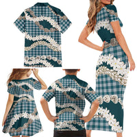 Dark Cyan Hawaii Tiare and Shell Lei Family Matching Short Sleeve Bodycon Dress and Hawaiian Shirt Hawaiian Palaka Luxury Vibes LT14 - Polynesian Pride