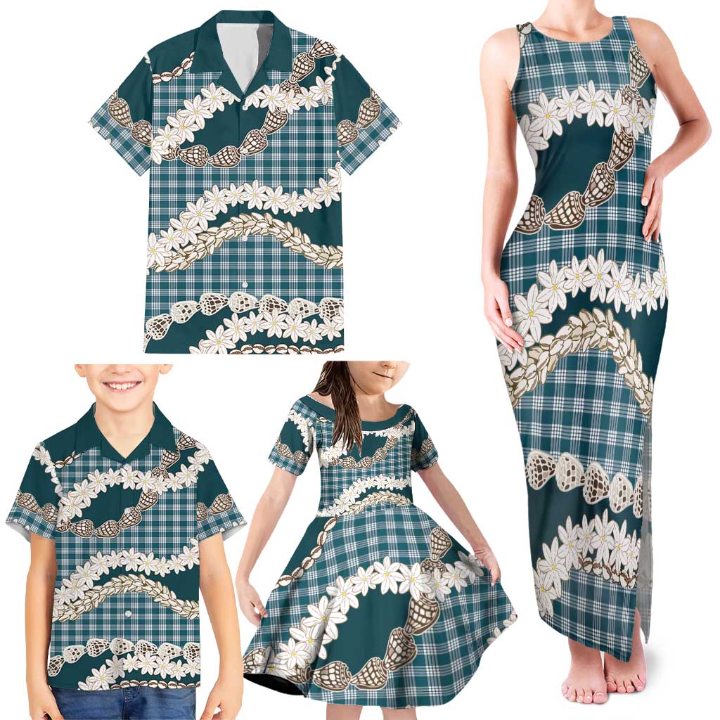 Dark Cyan Hawaii Tiare and Shell Lei Family Matching Tank Maxi Dress and Hawaiian Shirt Hawaiian Palaka Luxury Vibes LT14 - Polynesian Pride