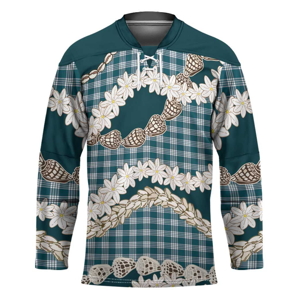 Dark Cyan Hawaii Tiare and Shell Lei Hockey Jersey Hawaiian Palaka Luxury Vibes - Polynesian Pride