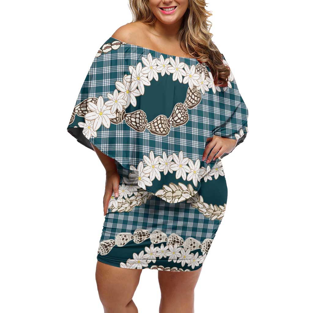 Dark Cyan Hawaii Tiare and Shell Lei Off Shoulder Short Dress Hawaiian Palaka Luxury Vibes - Polynesian Pride