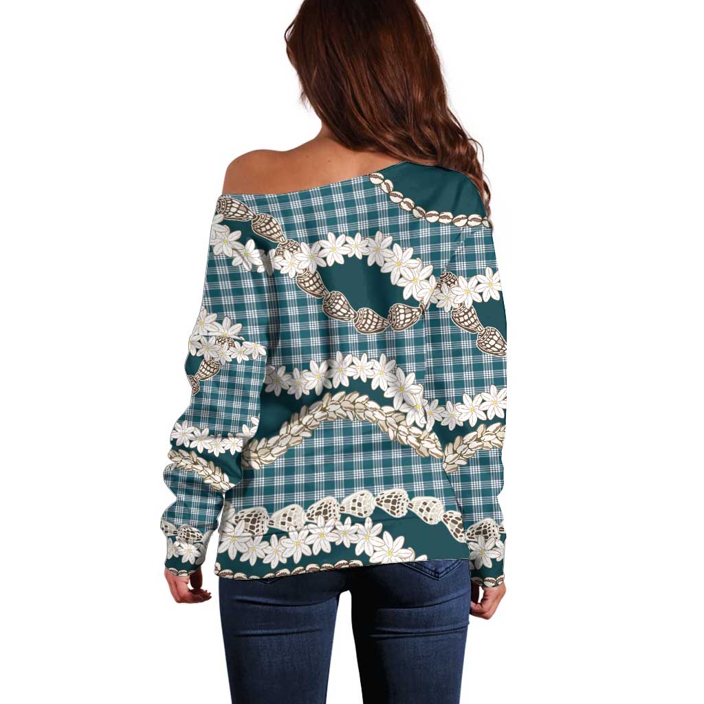 Dark Cyan Hawaii Tiare and Shell Lei Off Shoulder Sweater Hawaiian Palaka Luxury Vibes - Polynesian Pride