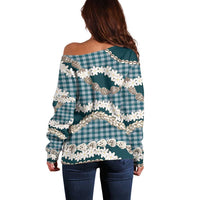 Dark Cyan Hawaii Tiare and Shell Lei Off Shoulder Sweater Hawaiian Palaka Luxury Vibes - Polynesian Pride