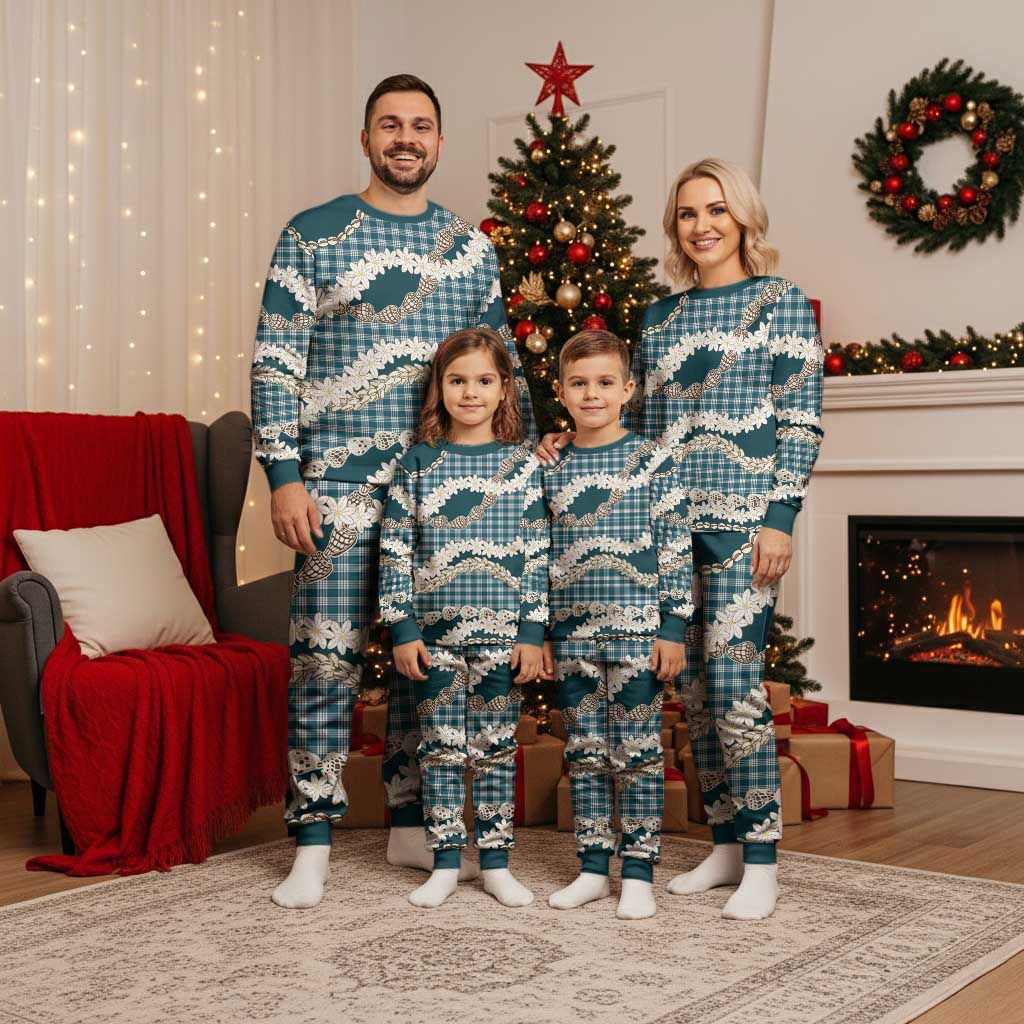 Dark Cyan Hawaii Tiare and Shell Lei Christmas Pajama Set Hawaiian Palaka Luxury Vibes - Polynesian Pride